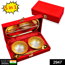 2947 Gold Silver Plated 2 Bowl 2 Spoon Tray Set Brass with Red Velvet Gift Box Serving Dry Fruits Desserts Gift 