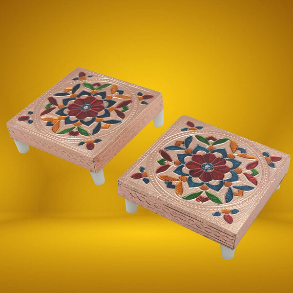 2 Pc Meenakari Wooden Chowki & Bajot Set: For Home & Office Puja (Multicolor)