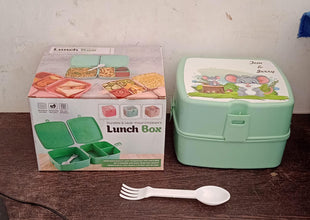 Double-Layer Square Lunch Box with  Spoon , 4 Compartment Tiffin & Push Lock , Plastic Tiffin Box for Travelling, School Kids & Office Exclusive, Home